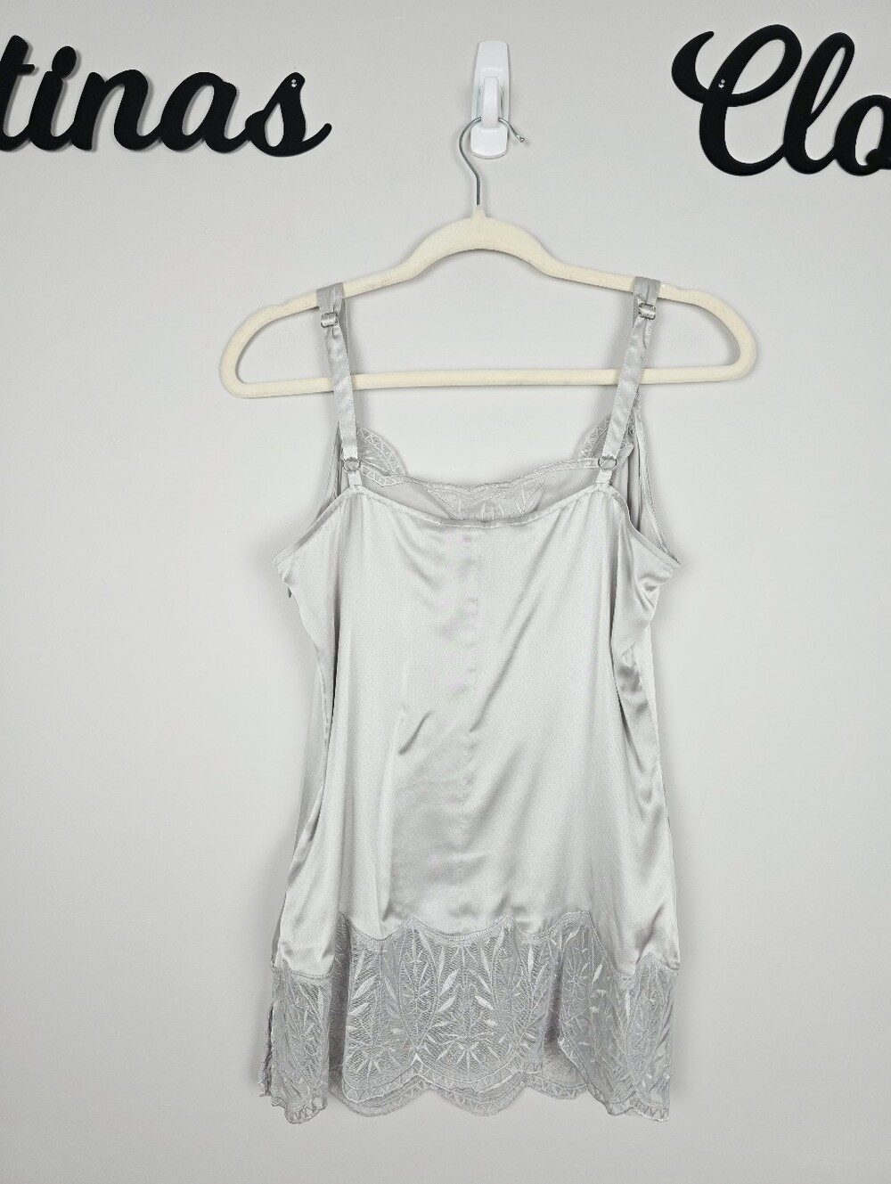 White House Black Market 100% Silk Silver Chemise/Camisole Size Medium - Picture 6 of 11